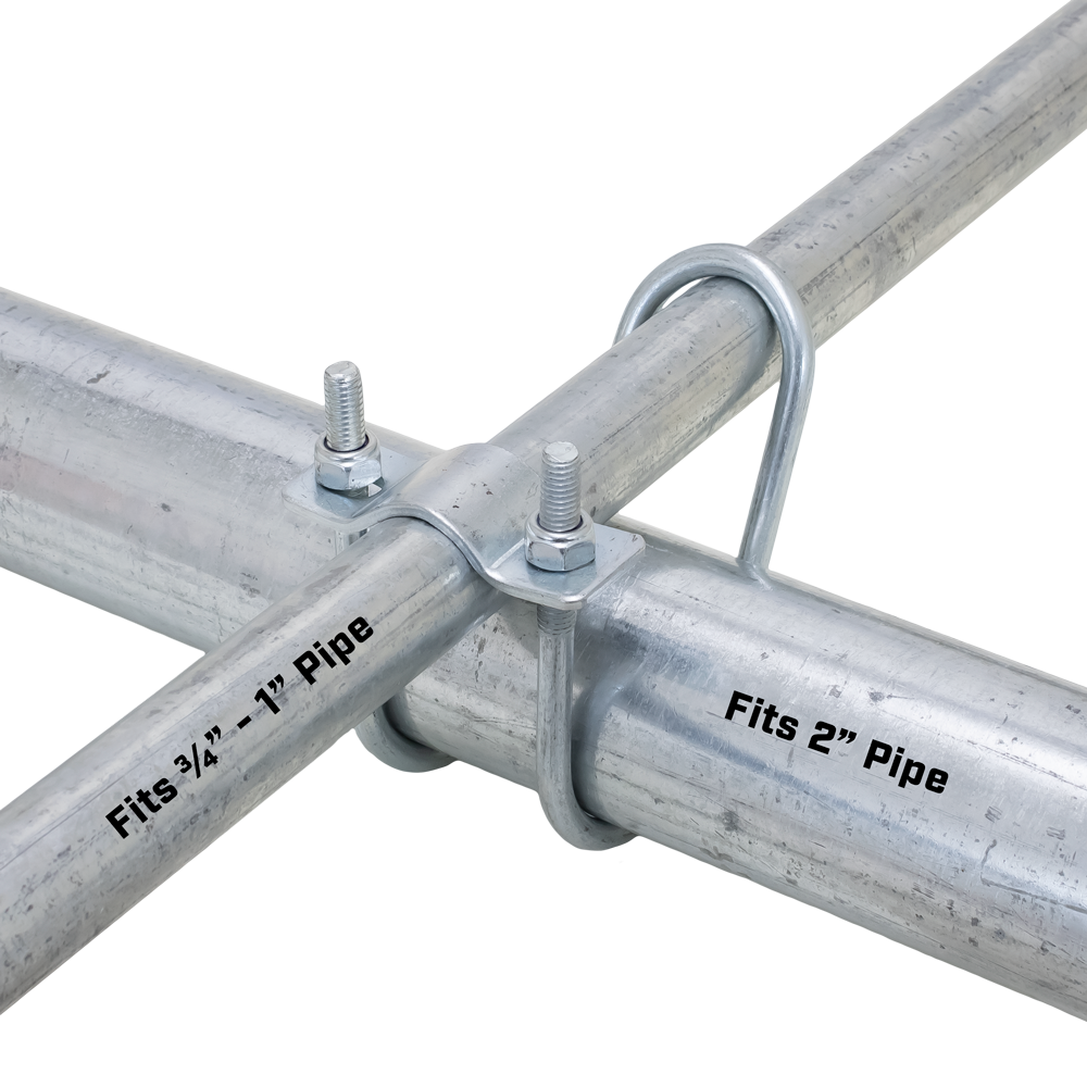 M8-1.25 - 1" to 2" Pipe, Cross Connector Pipe Clamp Electrogalvanized