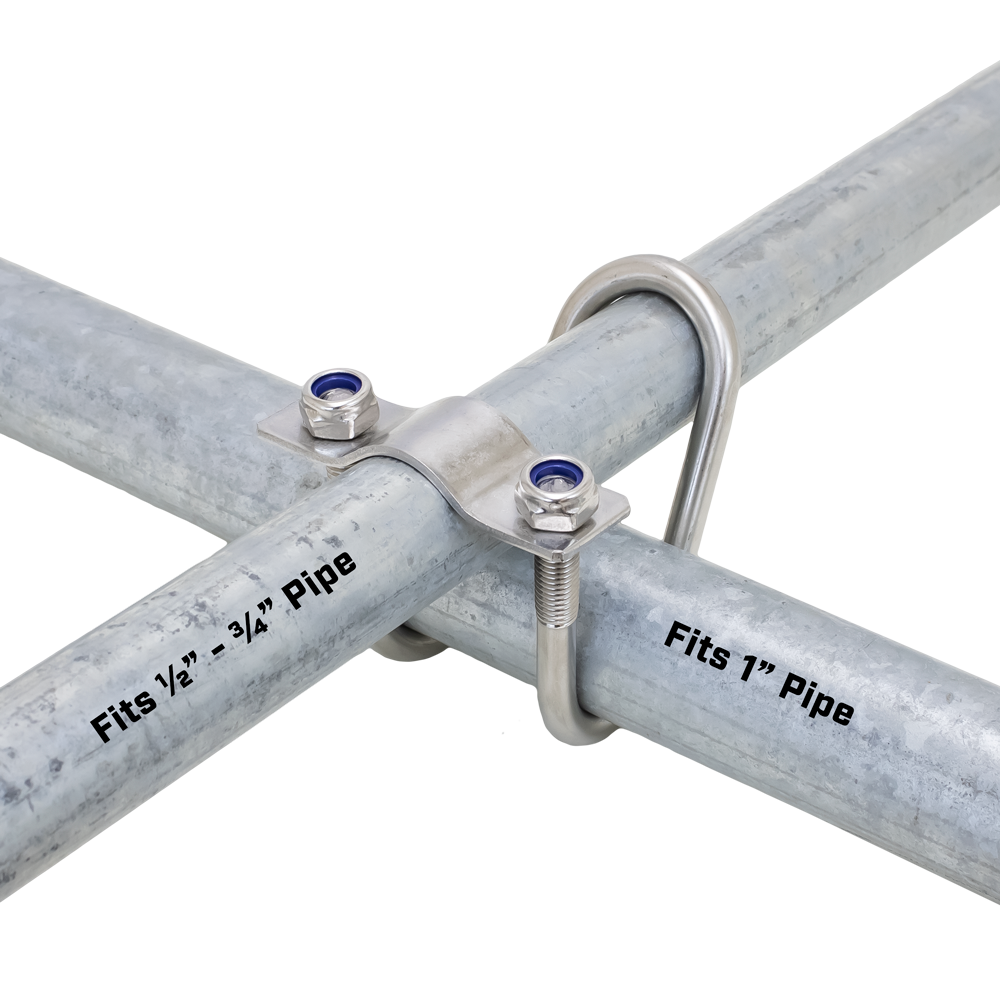 M8-1.25 - 3/4" to 1" Pipe, Cross Connector Pipe Clamp 18.8 SS