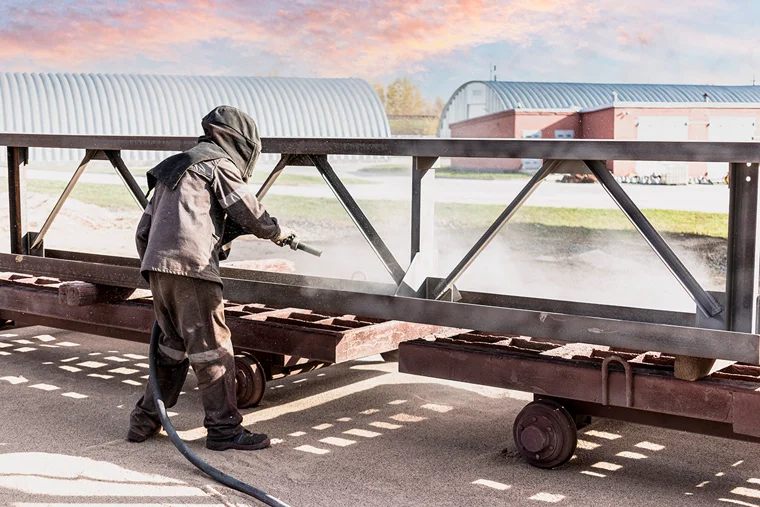 Worker sandblasting steel equipment