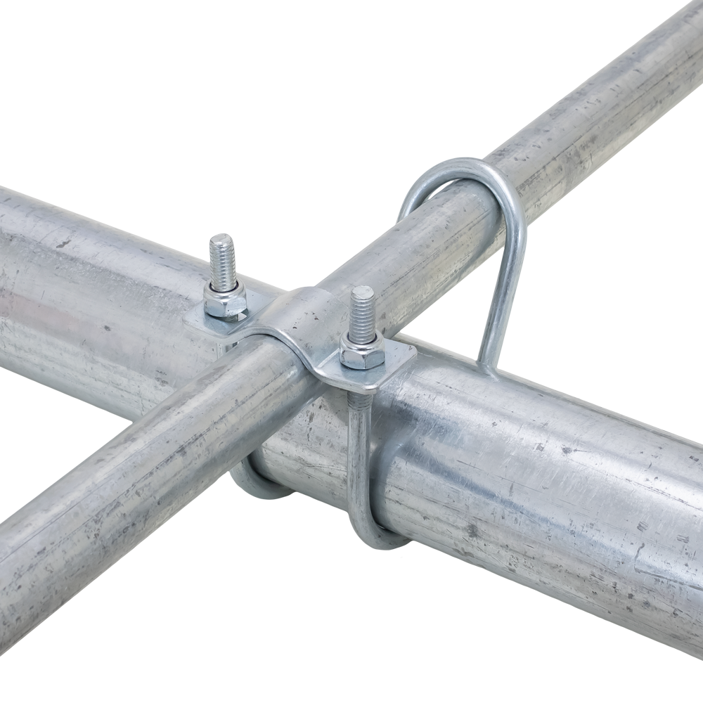 M8-1.25 - 1" to 2" Pipe, Cross Connector Pipe Clamp Electrogalvanized